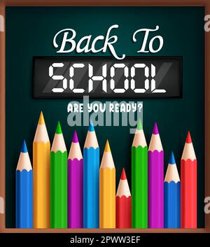Back-to-School-Vektordesign. Text „Zurück zur Schule“ mit bunten Buntstiften auf dem Hintergrund des Schwarzen Bretts. Bildungs-Design für Vektorgrafiken. Stock Vektor