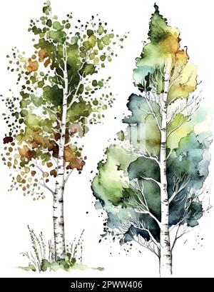 Aquarell Birkenbäume Russland Baum Designelement für Tapeten, Website Hintergrund Vektordarstellung. Stock Vektor