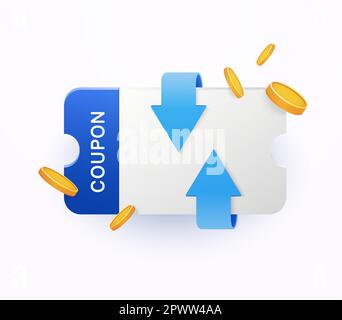 Symbol für Cashback und Geldrückerstattung (Konzept). Gutschein im Wert von 3D $, Vektor-Geschenkgutschein, gelbes Rabattticket, Sonderangebot-Einzelkarte, goldene Münze. Cashback-Label für Online-Shopping, Prozentzeichen. Vektordarstellung Stock Vektor