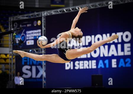 Turin, Italien. 30. April 2023. Italien, Turin 30/04/23 Pala Gianni Asti von Turin Finale sechs der National Rhythmic Gymnastics Championship Series A 2023 Dragas Tara Udinese Ball (Foto: Tonello Abozzi/Pacific Press) Kredit: Pacific Press Media Production Corp./Alamy Live News Stockfoto