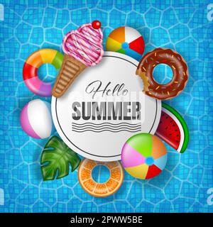 Sommerhintergrund mit bunten Schlauchbooten auf dem Poolwasser. Sommerplakat mit schwimmenden Schwimmringen, Schwimmflößen und Strandbällen Stock Vektor