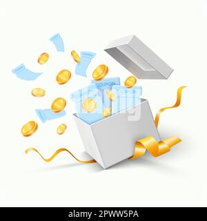 Geschenkbox, Gutscheine, Goldmünzen fließen raus. Die Geschenkbox öffnet sich. Viele Gutscheine, Coupons fliegen. Viele Goldmünzen fliegen. Geschenkbox voller Goldmünzen und Dcoupons Illustrationskonzept. Vektordarstellung Stock Vektor