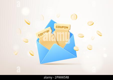 3D Rabatt-Coupons, Goldmünzen, offener Umschlag. Glücksgeschenk-Angebot, Bonusprogramm-Vorteilskonzept. Einkaufsgutschein im Wert von 3D $. Coupons, Gutscheine und Goldmünzen, Geld fliegt. Vektordarstellung Stock Vektor