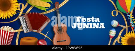 Festa Junina Poster mit brasilianischen Elementen und Akkordeon. Hintergrund des brasilianischen Festivals im Juni Stock Vektor