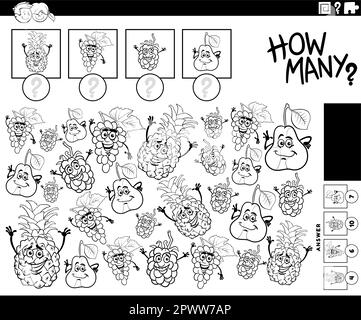 Schwarz-Weiß-Darstellung eines informativen Zählspiels mit lustigen Zeichentrickfilmen, auf denen die Figuren von Obstwaren zum Ausmalen dargestellt werden Stock Vektor