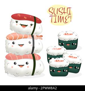 Süßes Sushi-Time-Kawaii mit lächelndem Gesicht Stock Vektor