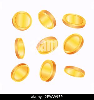 3D Satz Umdrehungsmünzen in verschiedenen Winkeln. Ein Satz rotierender goldsilberner Münzen dreht sich in vielen Ansichten in verschiedenen Winkeln, isoliert auf weißem Hintergrund. Vektordarstellung. Vektordarstellung Stock Vektor