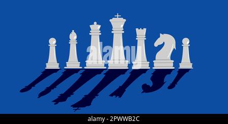 Schachfiguren auf blauem Hintergrund mit langen Schatten im trendigen Stil Stock Vektor