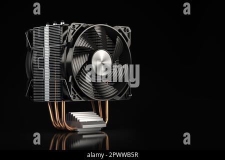 CPU-Kühler mit Wärmerohren auf schwarzem Hintergrund. 3D Abbildung Stockfoto
