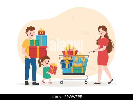 Souvenirladen mit verschiedenen Geschenken, dekorativen Vasen und Schmuck zum Teilen für Freunde oder Familie in einer flachen, handgezeichneten Zeichentrickschablone Illustration Stockfoto