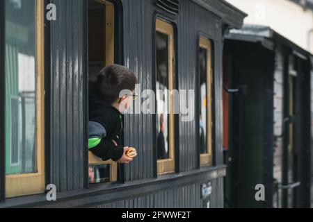 Neustadt an der Weinstraße, Deutschland. 1. Mai 2023. Ein Junge, der aus einem Wagenfenster auf eine dampfende Lokomotive schaut. Die Strecke wurde 1909 gebaut, um die Forstindustrie zu unterstützen, und in den folgenden Jahren für den öffentlichen Verkehr modernisiert. Es wurde von den Einheimischen bis 1960 für Reisen genutzt und blieb bis 1977 für industrielle Zwecke in Betrieb. Es wurde 1984 als Museumslinie für öffentliche Verkehrsmittel wiedereröffnet. Die Route führt von Neustadt an der Weinstraße durch den Palatinwald nach Elmstein. Kredit: Gustav Zygmund/Alamy Stockfoto