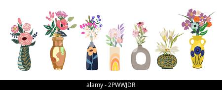 Set aus Wildblumen und blühenden Gartenblumen in Vasen. Stock Vektor