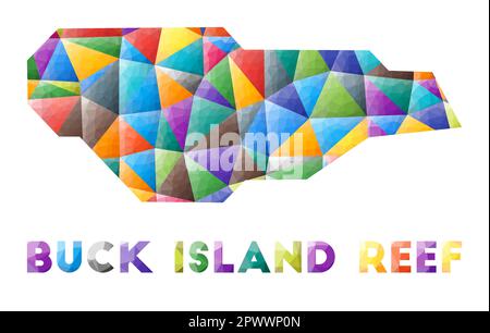 Buck Island Reef - farbenfrohe niedrige Poly-Insel-Form. Mehrfarbige geometrische Dreiecke. Modernes, trendiges Design. Vektordarstellung. Stock Vektor