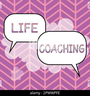 Das Textzeichen zeigt Life Coaching, Business overview improve lives by Challenges (Geschäftsübersicht, Leben durch Herausforderungen verbessern) und ermutigt uns in unserer Karriere Stockfoto