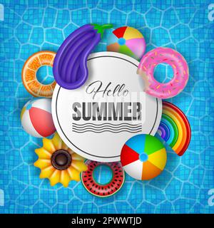 Sommerhintergrund mit bunten Schlauchbooten auf dem Poolwasser. Sommerplakat mit schwimmenden Schwimmringen, Schwimmflößen und Strandbällen Stock Vektor
