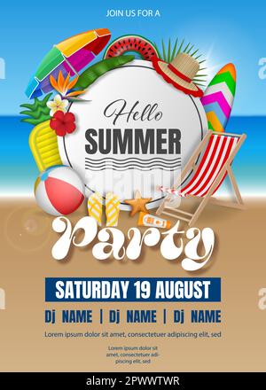 Sommerhintergrund mit bunten Schlauchbooten auf dem Poolwasser. Sommerplakat mit schwimmenden Schwimmringen, Schwimmflößen und Strandbällen Stock Vektor