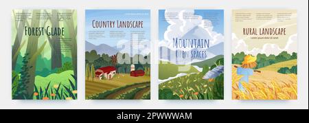 Blumenlandschaft. Berg- und Wiesenlandschaft. Farmfeld. Poster mit Naturpanorama. Waldpflanzen. Dorffarmen. Malerischer Himmel. Haus auf Gras Stock Vektor