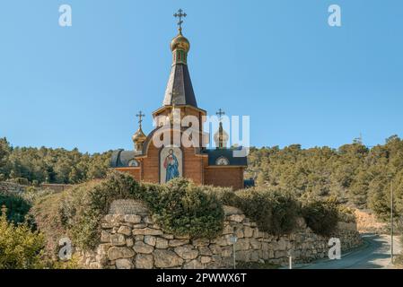 Kirche San Miguel Arcángel, der erste Tempel der russisch-orthodoxen Kirche in Spanien. Gelegen in den Altea Hills Urbanisation, Altea, Alicante. Stockfoto