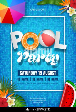 Sommerhintergrund mit bunten Schlauchbooten auf dem Poolwasser. Sommerplakat mit schwimmenden Schwimmringen, Schwimmflößen und Strandbällen Stock Vektor