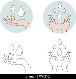 Vektorsatz zum Händewaschen mit Wasserdarstellung, farbenfrohen und linearen Symbolen. Flachhygienische Hautreinigungskonzepte. Ha Stock Vektor