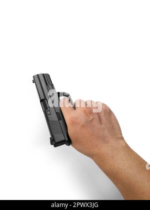 Hände mit Pistole isoliert auf weißem Hintergrund Stockfoto