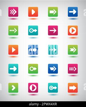 Symbolgruppe für Vektorpfeile. Einfache quadratische Internettaste auf grauem Hintergrund. Zeitgenössischer, moderner Stil. Web-Design-Elemente Stock Vektor