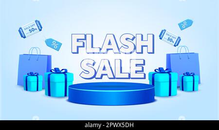 Flash-Verkaufstext mit blauer Geschenkbox, blauer Tasche, Coupons und Gutscheinen auf Produktpodium. Online einkaufen. Design der Bannervorlage für den Vertrieb in sozialen Medien und auf Websites. Vektordarstellung. Vektordarstellung Stock Vektor