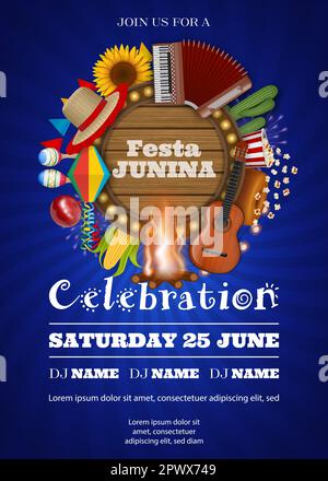 Festa Junina Poster mit brasilianischen Elementen und Akkordeon. Hintergrund des brasilianischen Festivals im Juni Stock Vektor