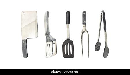 Aquarell Set Elemente Grill, Küchenwerkzeuge zum grillen: Spatel, Gabel, Zange und Messergrillen. Handgezeichnete Darstellung isoliert auf weiß Stockfoto