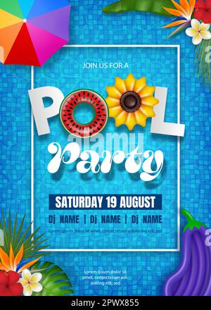 Sommerhintergrund mit bunten Schlauchbooten auf dem Poolwasser. Sommerplakat mit schwimmenden Schwimmringen, Schwimmflößen und Strandbällen Stock Vektor