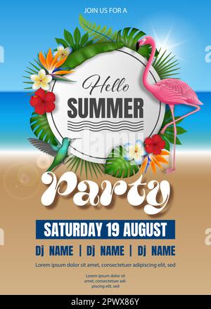 Sommerhintergrund mit bunten Schlauchbooten auf dem Poolwasser. Sommerplakat mit schwimmenden Schwimmringen, Schwimmflößen und Strandbällen Stock Vektor