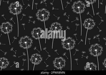 Dandelion fliegende Samen nahtloses Muster. Abstrakte Blumen Löwenzahn blühen Pflanzen schwarze Tapete. Botany Blumendesign Vorlage Hintergrundschmuck, grenzenlose Sammelalbum-Vektorschmuck Stock Vektor