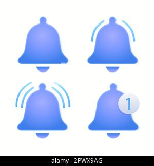 3D Signalgeber-Symbolsatz isoliert auf weißem Hintergrund. 3D Rendern Sie die gelbe Klingelglocke mit einer neuen Benachrichtigung zur Erinnerung an soziale Medien. Realistisches Vektorsymbol. Vektordarstellung Stock Vektor