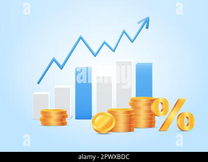 Finanzinvestitionen. Kreatives Konzept der Marktbewegung. Bankeinlage, Gewinnfinanzierung. 3D-Wachstumsdiagramm mit Symbol für die Investition von Münzen. Datenanalyse für Konzeptbanner. Geschäftsdiagramm. Vektordarstellung Stock Vektor