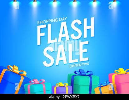 3D Design der Bannervorlage für Flash-Angebote für Web oder soziale Medien. Flash-Sale-Kampagne. Geschenkschachteln auf blauem, hellen Hintergrund. Vektordarstellung. Vektordarstellung Stock Vektor