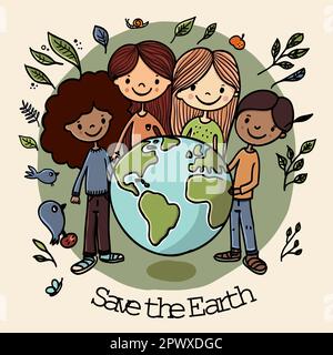 Happy Earth Day - handgezeichnetes Banner mit multiethnischen Kindern, das für den Earth Day kämpft. Farbige Vektordarstellung mit verschiedenen Jungen Stock Vektor