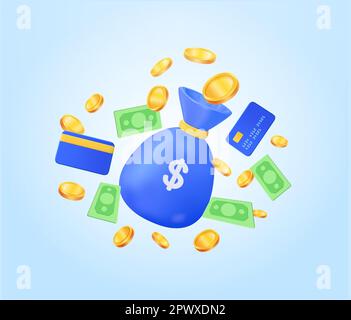 Blauer Geldtransporter, Banknoten, Münzen, Debitkarte, Geldsparkonzept „Earn Finance Saving Money“. Münzen fallen mit Geld, Quittung, Scheck. 3D-Vektordarstellung. Vektordarstellung Stock Vektor