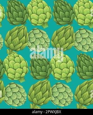 Nahtloses Vektormuster mit Artischocken auf blauem Hintergrund. Konsistenz mit handgezogenem, gesundem Grüngemüse für Tapeten. Natürliche Lebensmittel Stock Vektor
