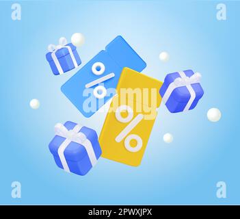 Gelbe Gutscheine, blaue Gutscheine sind mit einem Prozentzeichen und Geschenkkartons versehen. Gutschein für Vorteile in Präsentbox, Rabattgutschein für Sonderangebote für Einkaufsbummel und Weihnachtsgeschenke. 3D-Vektordarstellung. Vektordarstellung Stock Vektor