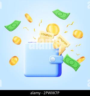 Geldbörse mit grünen Papierdollar, Goldmünzen, gelben Gutscheinen und gelben Coupons. Geldbörse, Dollarschein und Münzstapel, Online-Zahlung auf blauem Hintergrund. Vektordarstellung. Vektordarstellung Stock Vektor