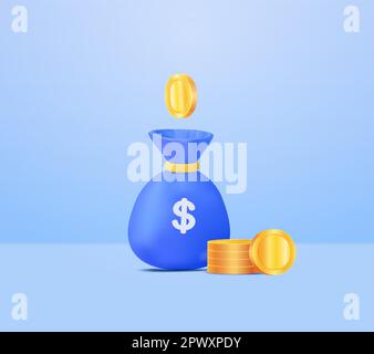 Eine Geldtasche mit Münzen und blauem Hintergrund. Geldbeutel mit Dollarzeichen. Dollarmünzen Geld oder Schatzgold Ersparnisse in einem Sack, Unternehmensinvestitionen, Finanzwirtschaftsplanungskonzept. 3D-Vektor. Vektordarstellung Stock Vektor