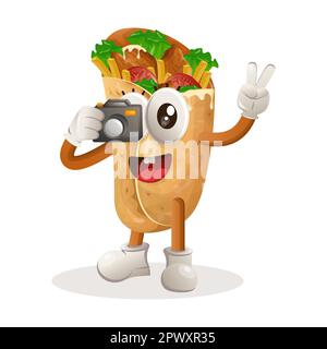 Süßes Burrito-Maskottchen, das mit der Kamera fotografiert. Perfekt für Lebensmittelgeschäfte, kleine Unternehmen oder E-Commerce, Merchandise und Aufkleber, Bannerwerbung, Food RE Stock Vektor
