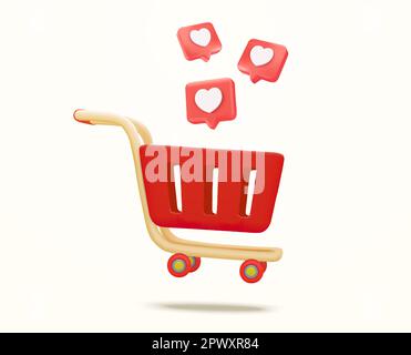 3D Herzmeldungssymbol und Korb. Warenkorb mit Einkaufssymbolen auf blauem Hintergrund. Konzeptidee für soziale Netzwerke. Einkaufskorb voller Herzen. 3D-Vektordarstellung. Vektordarstellung Stock Vektor