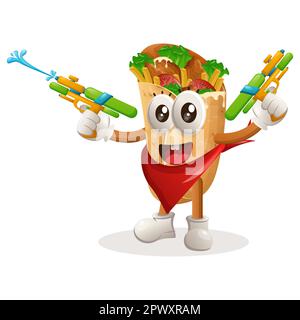 Süßes Burrito-Maskottchen, das mit Wasserpistolen spielt. Perfekt für Lebensmittelgeschäfte, kleine Unternehmen oder E-Commerce, Merchandise und Aufkleber, Werbebanner, Lebensmittel Stock Vektor