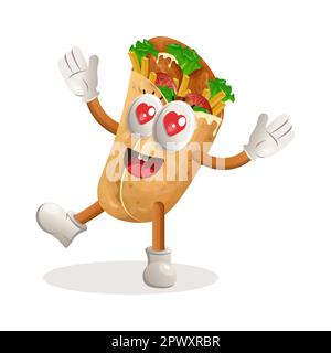 Süßes Burrito-Maskottchen verspielt und glücklich. Perfekt für Lebensmittelgeschäfte, kleine Unternehmen oder E-Commerce, Merchandise und Aufkleber, Bannerwerbung, Lebensmittelbewertung BL Stock Vektor