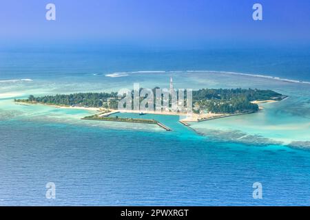 Malediven Inseln Ferienparadies Mathiveri Insel Meer Ari Atoll Luftfoto Tourismus Stockfoto