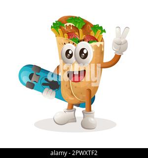 Süßes Burrito-Maskottchen mit Skateboard. Perfekt für Lebensmittelgeschäfte, kleine Unternehmen oder E-Commerce, Merchandise und Aufkleber, Werbebanner, Food Revie Stock Vektor