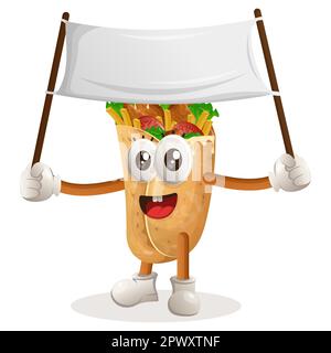 Süßes Burrito-Maskottchen mit leerem Banner. Perfekt für Lebensmittelgeschäfte, kleine Unternehmen oder E-Commerce, Merchandise und Aufkleber, Werbebanner, Lebensmittelbewertung Stock Vektor