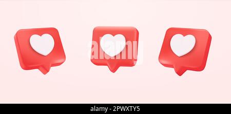 3D Herztextbox, Herzsymbol, Benachrichtigung über soziale Medien, Liebessymbol für instagram im Chat-Feld. Setzen Sie das Herzsymbol auf eine rote Nadel. Symbol für Herz in Sprechblase. 3D-Vektordarstellung. Vektordarstellung Stock Vektor