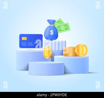 3D Geldbeutel sparen, Kreditkarte, Münzen auf dem Podiumhintergrund. Das wachsende Geschäftskonzept für Finanzen, Investitionen, Online-Zahlungen und -Zahlungen wird mit Geldbeuteln gefüllt. 3D Abbildung: Geldverdiener. Vektordarstellung Stock Vektor